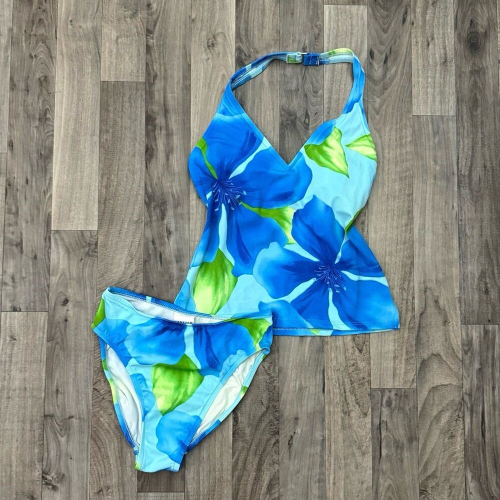 Vintage y2k retro Hawaiian blue floral halter tankini set